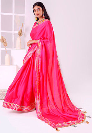 Hand Embroidered Satin Silk Saree in Fuchsia