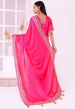 Hand Embroidered Satin Silk Saree in Fuchsia