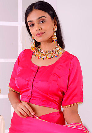 Hand Embroidered Satin Silk Saree in Fuchsia