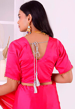 Hand Embroidered Satin Silk Saree in Fuchsia
