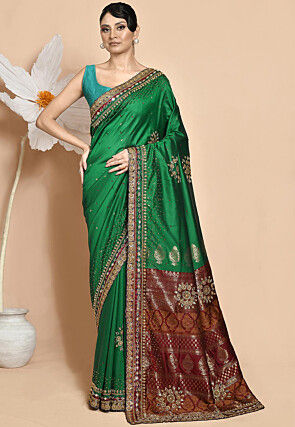 Hand Embroidered Satin Silk Saree in Green