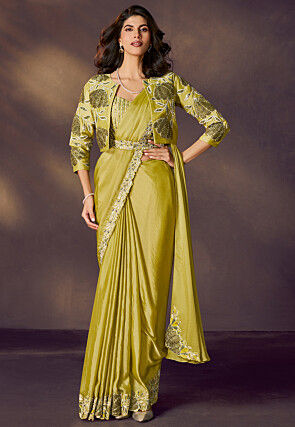 Pre Stitched Satin Silk Scalloped Saree in Light Green