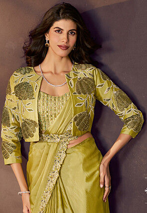 Pre Stitched Satin Silk Scalloped Saree in Light Green