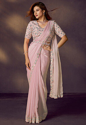 Pre Stitched Satin Silk Scalloped Saree in Light Pink