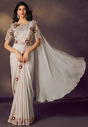Pre Stitched Satin Silk Scalloped Saree in Off White