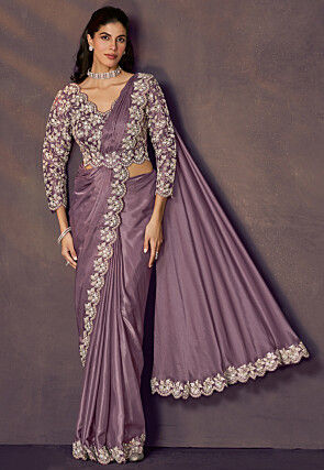 Pre Stitched Satin Silk Scalloped Saree in Purple