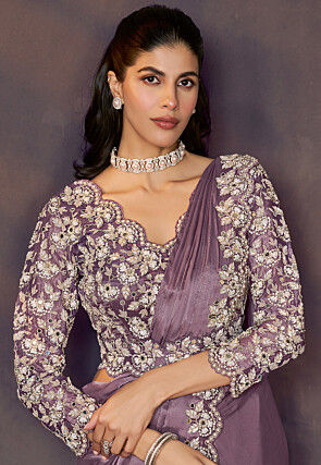 Pre Stitched Satin Silk Scalloped Saree in Purple