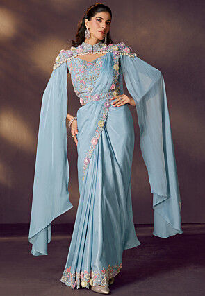 Pre Stitched Satin Silk Scalloped Saree in Sky Blue