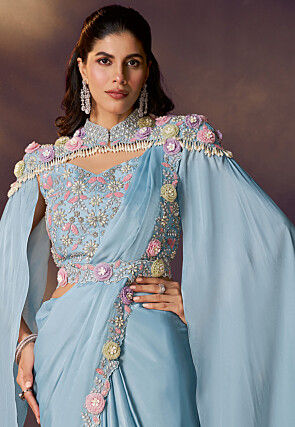 Pre Stitched Satin Silk Scalloped Saree in Sky Blue