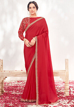 Hand Embroidered Satin Silk Scalloped Saree in Red