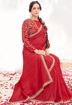 Hand Embroidered Satin Silk Scalloped Saree in Red
