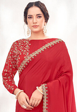 Hand Embroidered Satin Silk Scalloped Saree in Red