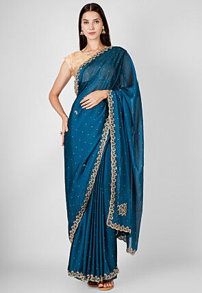 Hand Embroidered Satin Silk Scalloped Saree in Teal Blue
