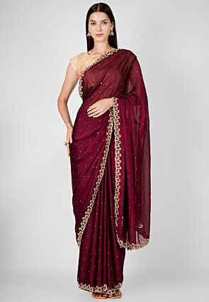 Hand Embroidered Satin Silk Scalloped Saree in Wine