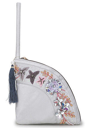 Hand Embroidered Satin Wristlet in Grey