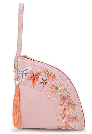 Hand Embroidered Satin Wristlet in Pink