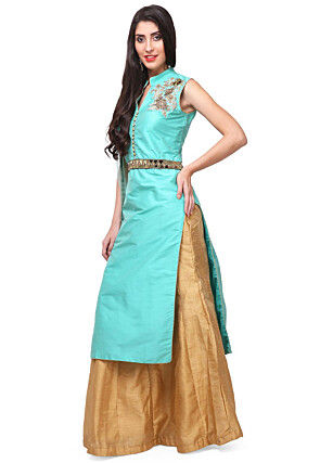 Hand Embroidered Art Silk Lehenga in Turquoise