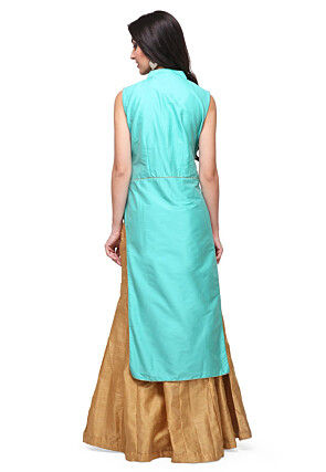 Hand Embroidered Art Silk Lehenga in Turquoise