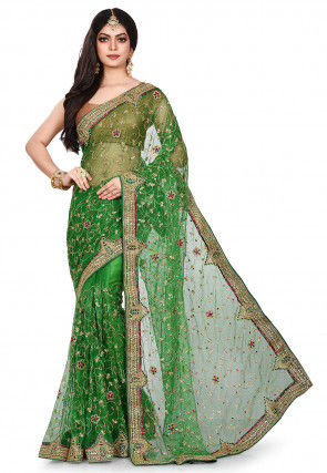 Hand Embroidered Shimmer Net Saree in Green