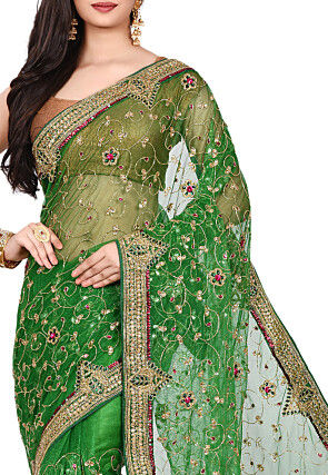 Hand Embroidered Shimmer Net Saree in Green