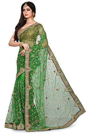 Hand Embroidered Shimmer Net Saree in Green