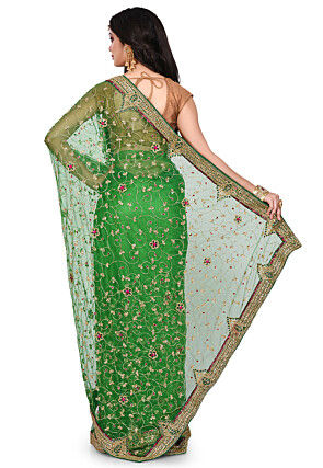 Hand Embroidered Shimmer Net Saree in Green