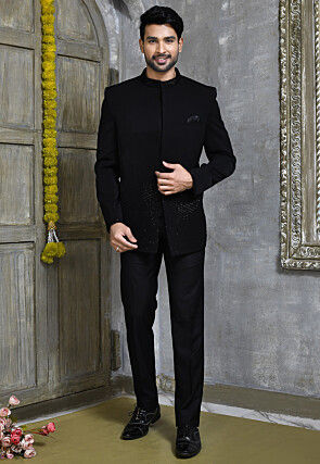 Hand Embroidered Suede Jodhpuri Suit in Black