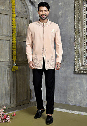 Hand Embroidered Suede Jodhpuri Suit in Peach