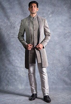 Hand Embroidered Suede Silk Sherwani in Grey