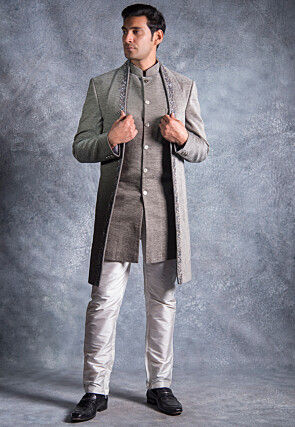 Hand Embroidered Suede Silk Sherwani in Grey