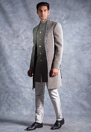 Hand Embroidered Suede Silk Sherwani in Grey