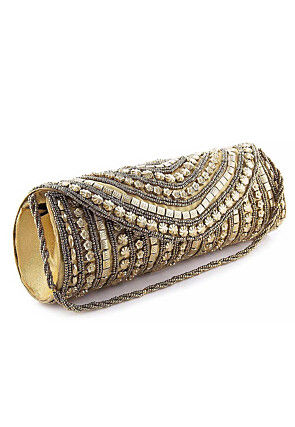 Hand Embroidered Synthetic Cylindrical Clutch Bag in Golden