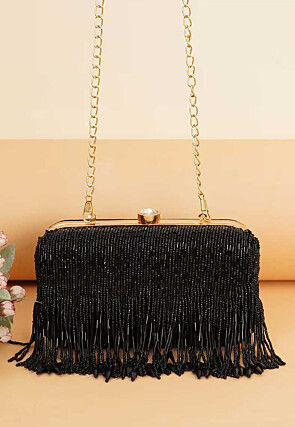 Hand Embroidered Synthetic Rectangular Clutch Bag in Black