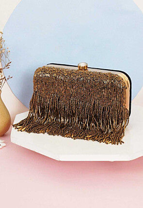Hand Embroidered Synthetic Rectangular Clutch Bag in Golden