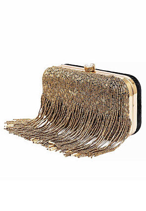 Hand Embroidered Synthetic Rectangular Clutch Bag in Golden