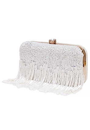 Hand Embroidered Synthetic Rectangular Clutch Bag in Off White