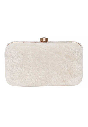 Hand Embroidered Synthetic Rectangular Clutch Bag in Off White