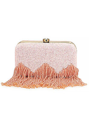 Hand Embroidered Synthetic Rectangular Clutch Bag in Peach