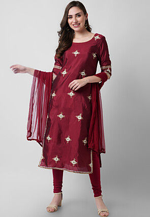 Hand Embroidered Tafetta Silk Straight Suit in Maroon