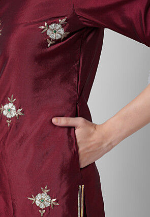 Hand Embroidered Tafetta Silk Straight Suit in Maroon