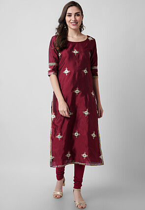 Hand Embroidered Tafetta Silk Straight Suit in Maroon