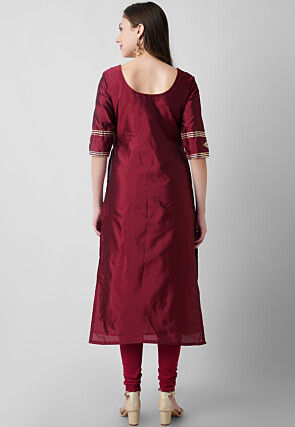 Hand Embroidered Tafetta Silk Straight Suit in Maroon