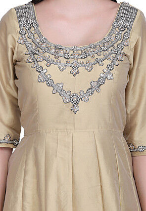 Hand Embroidered Taffeta Silk Anarkali Suit in Beige