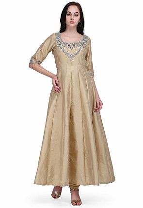 Hand Embroidered Taffeta Silk Anarkali Suit in Beige