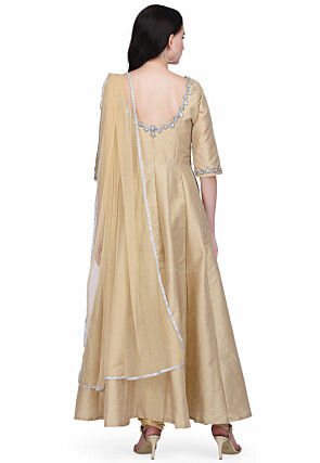 Hand Embroidered Taffeta Silk Anarkali Suit in Beige