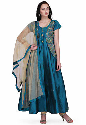 Hand Embroidered Taffeta Silk Anarkali Suit in Dark Teal Blue
