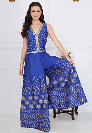 Hand Embroidered Taffeta Silk Jumpsuit in Royal Blue