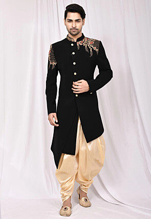 Hand Embroidered Terry Rayon Asymmetric Sherwani in Black
