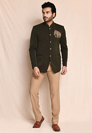 Hand Embroidered Terry Rayon Bandhgala in Dark Olive Green