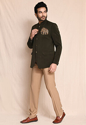 Hand Embroidered Terry Rayon Bandhgala in Dark Olive Green